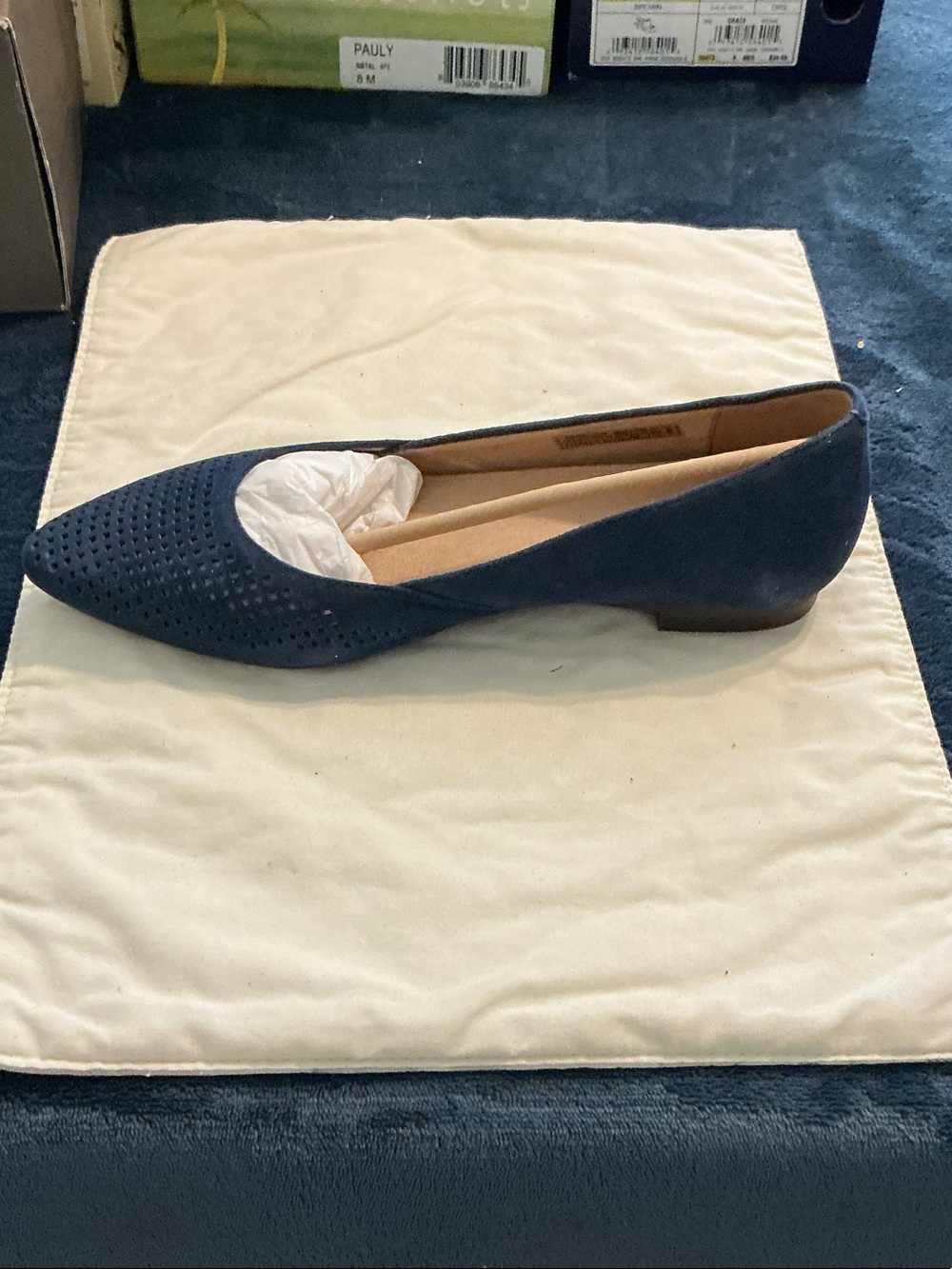 Vionic Navy Pointed Perforated Suede Flat